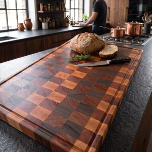 Tabla de corte de grano final grande con patrón ajedrezado de cuatro maderas, en una cocina